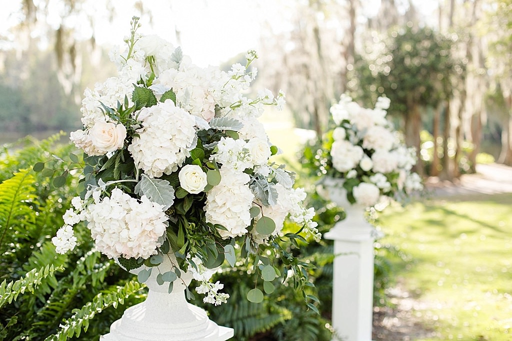 Rustic Elegant Wedding Ceremony Decor, White Tall Pedestals with Ivory, White Hydrangeas and Greenery Floral Arrangements