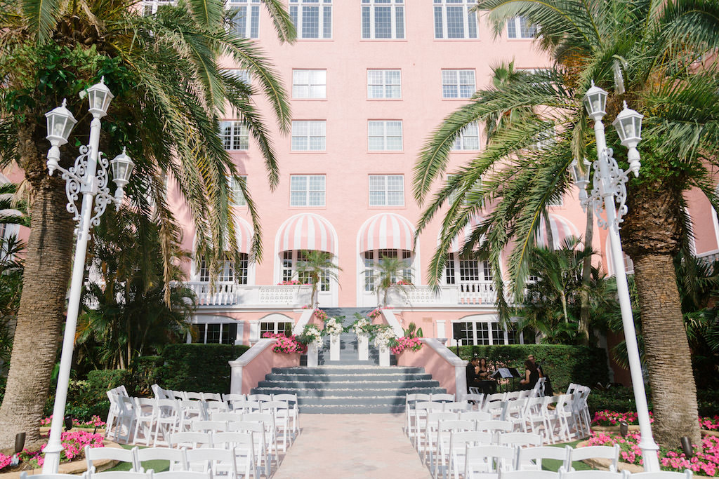 Outdoor Hotel Courtyard Wedding Ceremony Portrait | Historic Waterfront Hotel St. Pete Beach Wedding Venue The Don CeSar | Florida Wedding Planner Parties A La Carte