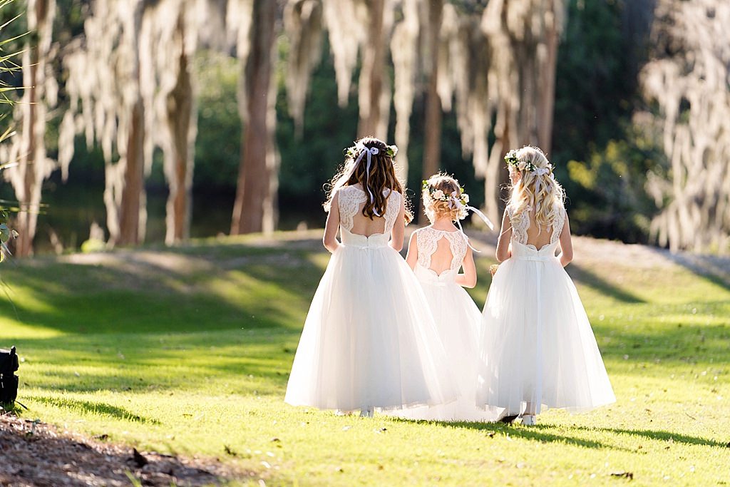 Flower Girls in White Lace Straps and Tulle Skirt Dresses and Flower Crowns