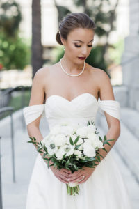 Classic, Elegant Tampa Bride and Groom, Wearing Wtoo by Watters Ballgown Wedding Dress, Mimi, Holding White Floral Bouquet with Greenery