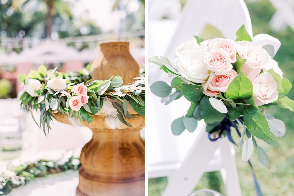 Elegant Outdoor Courtyard Wedding Ceremony Decor, Greenery Wreaths and White and Blush Pink Florals | St. Petersburg Hotel Wedding Venue The Vinoy Renaissance