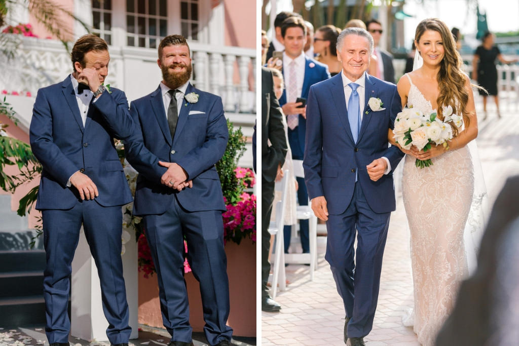 Florida Groom Reaction to Bride Walking with Father Down the Wedding Ceremony Aisle Portrait | Tampa Bay Wedding Florist Bruce Wayne Florals
