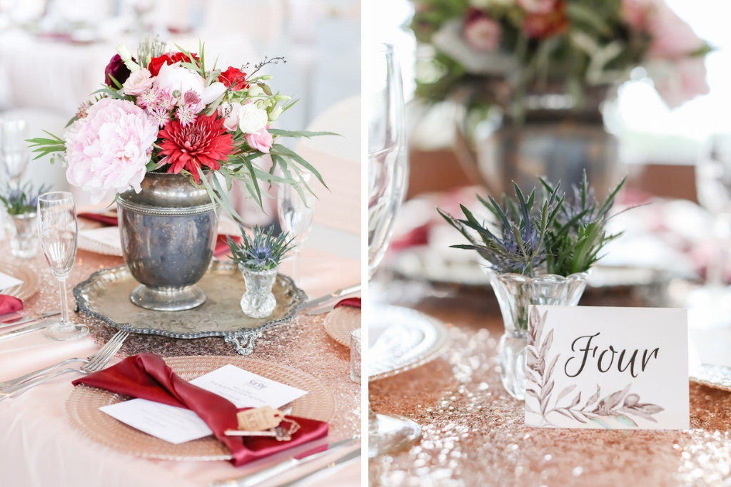 French Country Inspired Wedding Reception Decor, Sequin Blush Pink Table Runner, Antique Silver Tray with Silver Vase and Red, Baby Pink, Burgundy, Greenery Floral Low Centerpiece, Floral Stationery Table Number | Tampa Bay Wedding Photographer Lifelong Photography Studio | Wedding Rentals Kate Ryan Event Rentals