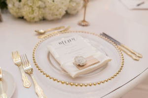 Classic Elegant Wedding Reception Decor, Clear Glass and Gold Beaded Rim Charger with Menu Ivory Linen and Floral Accent | Tampa Bay Wedding Photographer Kristen Marie Photography | Wedding Rentals and Linens Gabro Event Services