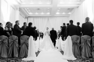 Classic, Formal Florida Hotel Ballroom Wedding Ceremony, White Draping, Elegant Chair Covers | Historic Downtown Tampa Wedding Venue Hotel Floridan Palace Hotel