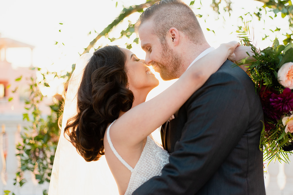 Romantic Florida Sunset Bride and Groom Wedding Portrait