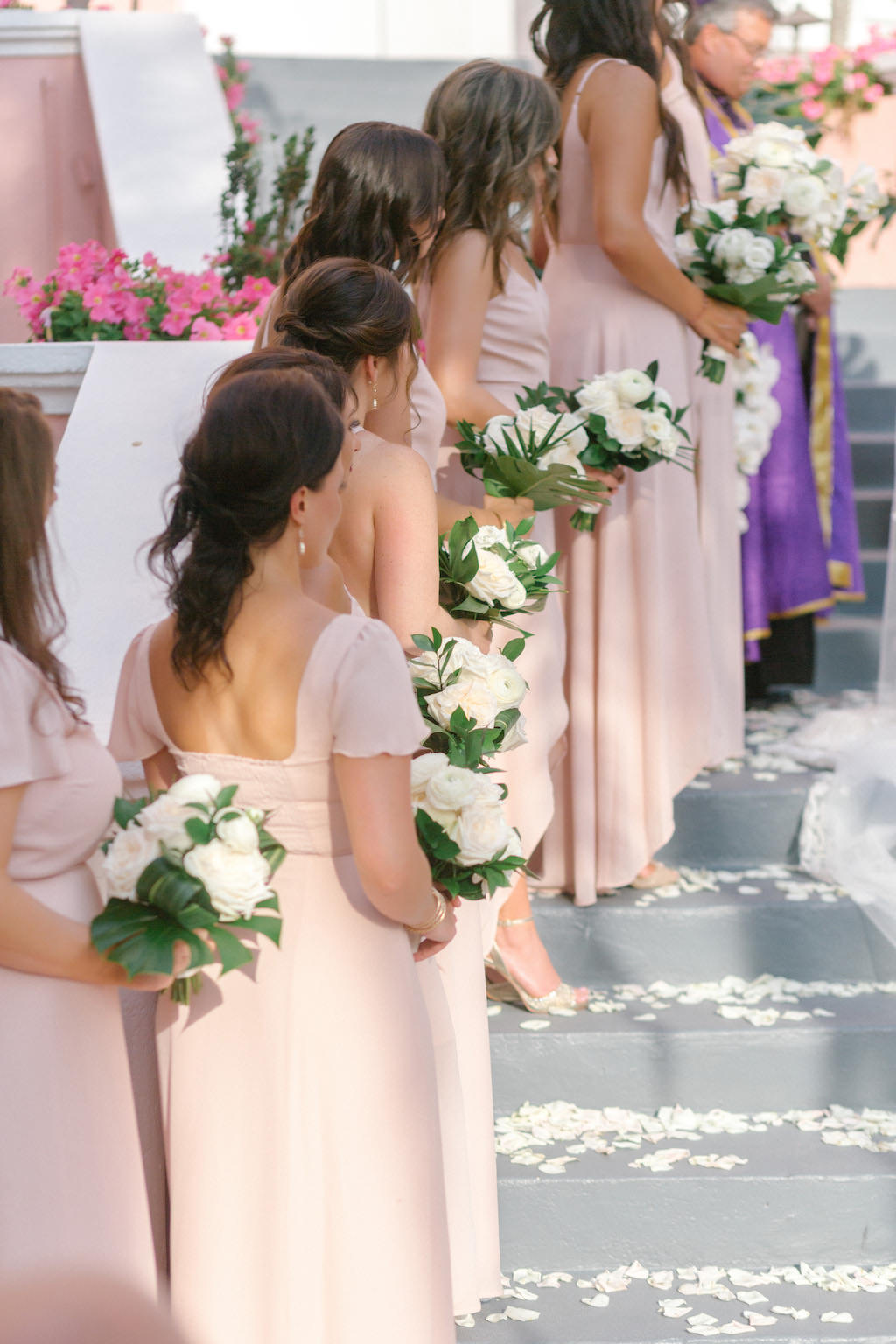 Florida Bridesmaids in Blush Pink Mix and Match Dresses Holding White Floral Bouquets | Tampa Bay Wedding Florist Bruce Wayne Florals