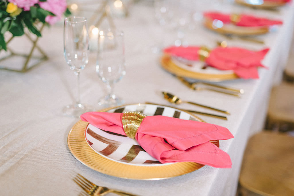 Modern Colorful Wedding Reception Decor, Gold Charger and Plate, Bright Pink Linen with Gold Napkin Ring | Tampa Bay Wedding Photographer Kera Photography | St. Pete Wedding Linens and Tabletop Rentals Kate Ryan Event Rentals | Florida Wedding Planner UNIQUE Weddings & Events