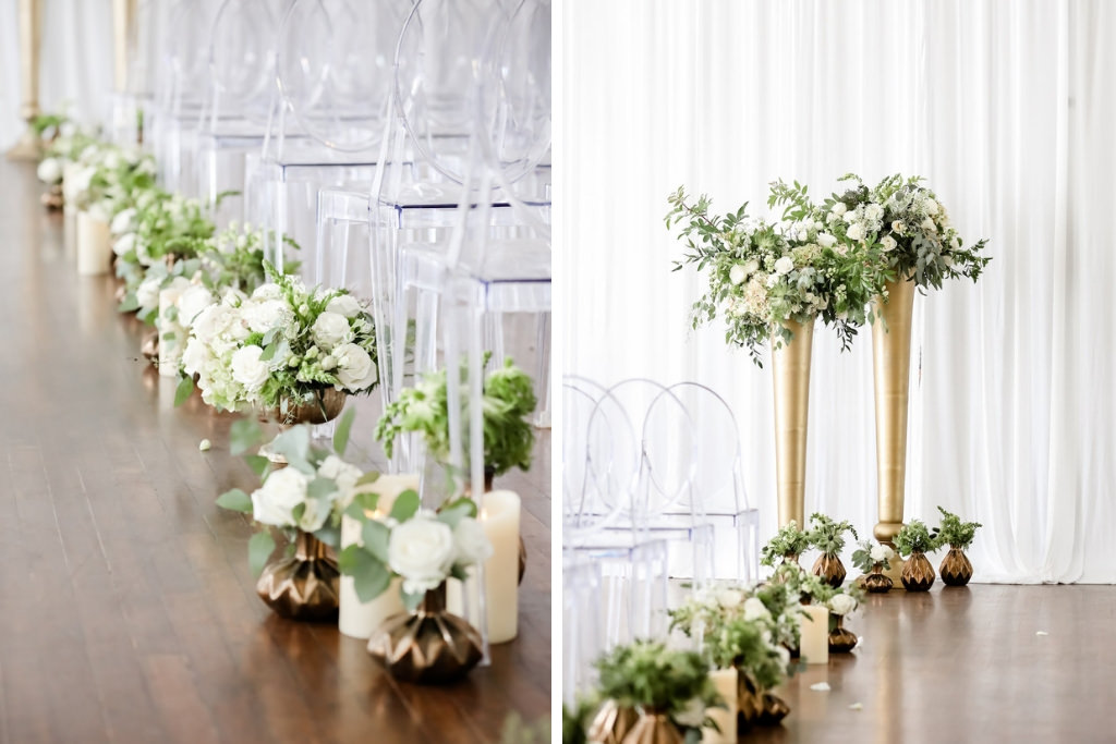 Classic and Modern Neutral Wedding Ceremony Decor, Acrylic Clear Ghost Chairs, Small Gold Vases with Greenery and White, Ivory Florals Lining Aisle, Tall Gold Vases with Greenery and Ivory Floral Arrangements | Tampa Bay Wedding Photographer Lifelong Photography Studio | Wedding Rentals Kate Ryan Event Rentals