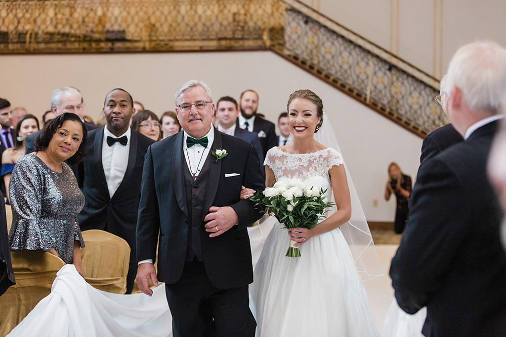 Florida Bride and Father Walk Down the Aisle, Wearing Lace Cover Alteration on Strapless Wedding Dress, Tampa Ballroom Wedding Ceremony Tampa Bay Wedding Planner Coastal Coordinating | Historic Downtown Tampa Wedding Venue Hotel Floridan Palace Hotel