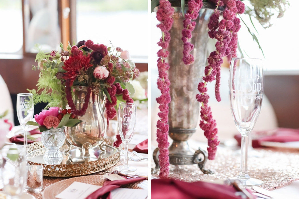 French Country Inspired Wedding Reception Decor, Silver Vase on Silver Antique Mirror Tray with Dark Purple, Dark Pink, Blush Pink, Greenery and Pink Hanging Amaranthus Floral Centerpiece | Tampa Bay Wedding Photographer Lifelong Photography Studio | Wedding Rentals Kate Ryan Event Rentals | Clearwater Waterfront Wedding Venue Yacht Starship