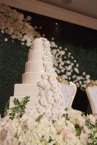 Classic, Elegant Seven Tier White Square and Round Wedding Cake with Cascading White Roses | Tampa Bay Wedding Photographer Kristen Marie Photography | Wedding Florist Gabro Event Services | Wedding Day of Coordinator Special Moments Event Planning