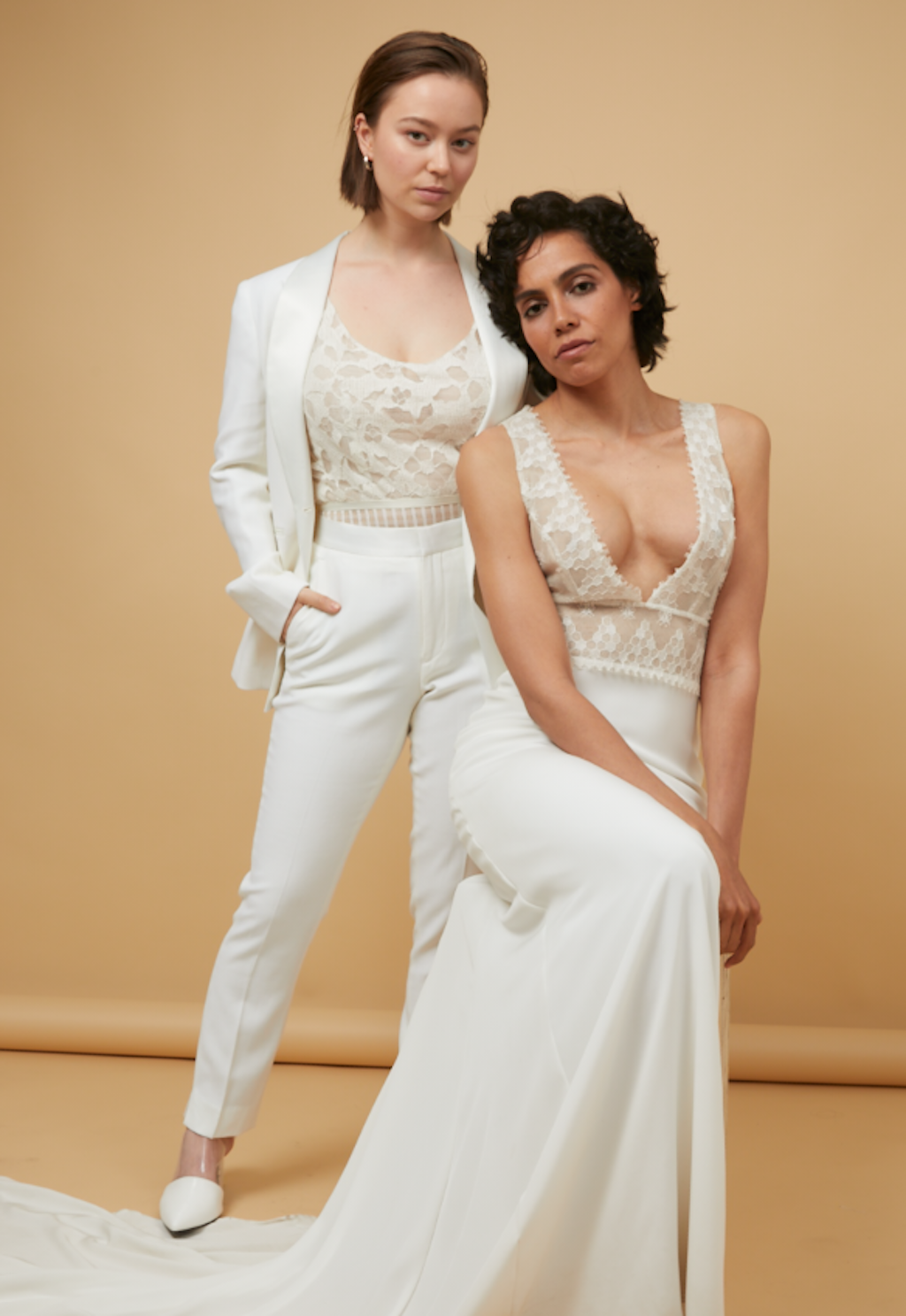 White Women's Tuxedo Wedding Bridal Suit with Lace Cami Tank | The Groomsmen Suit | Wedding Dress Trends 2019
