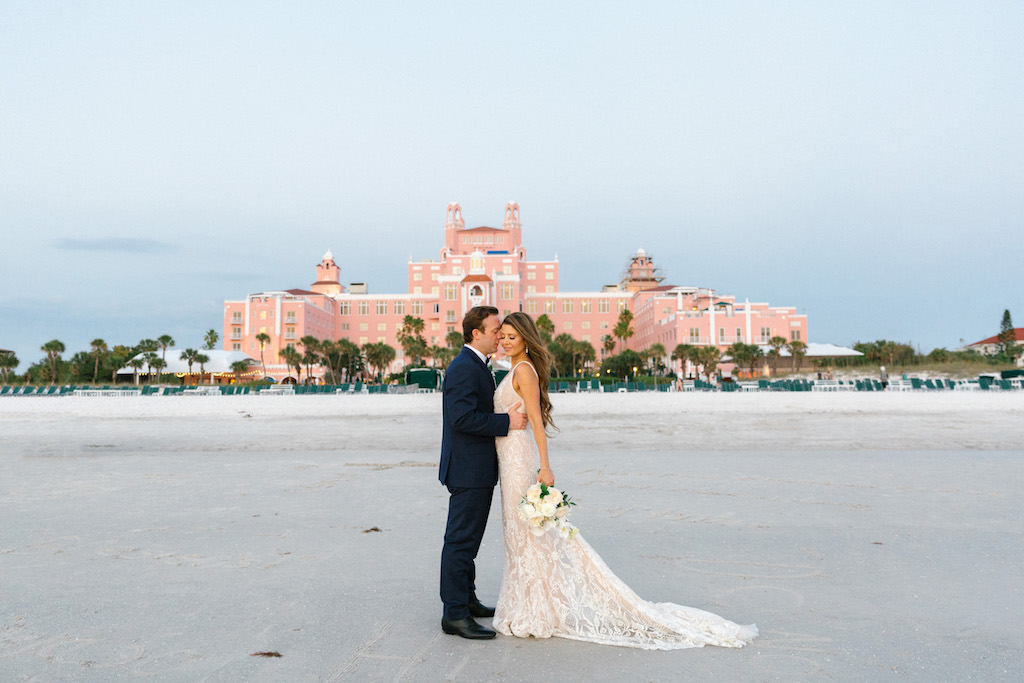 Elegant Bride and Groom Beachfront Wedding Portrait at the Pink Palace | Historic Waterfront St. Pete Beach Wedding Venue The Don Cesar