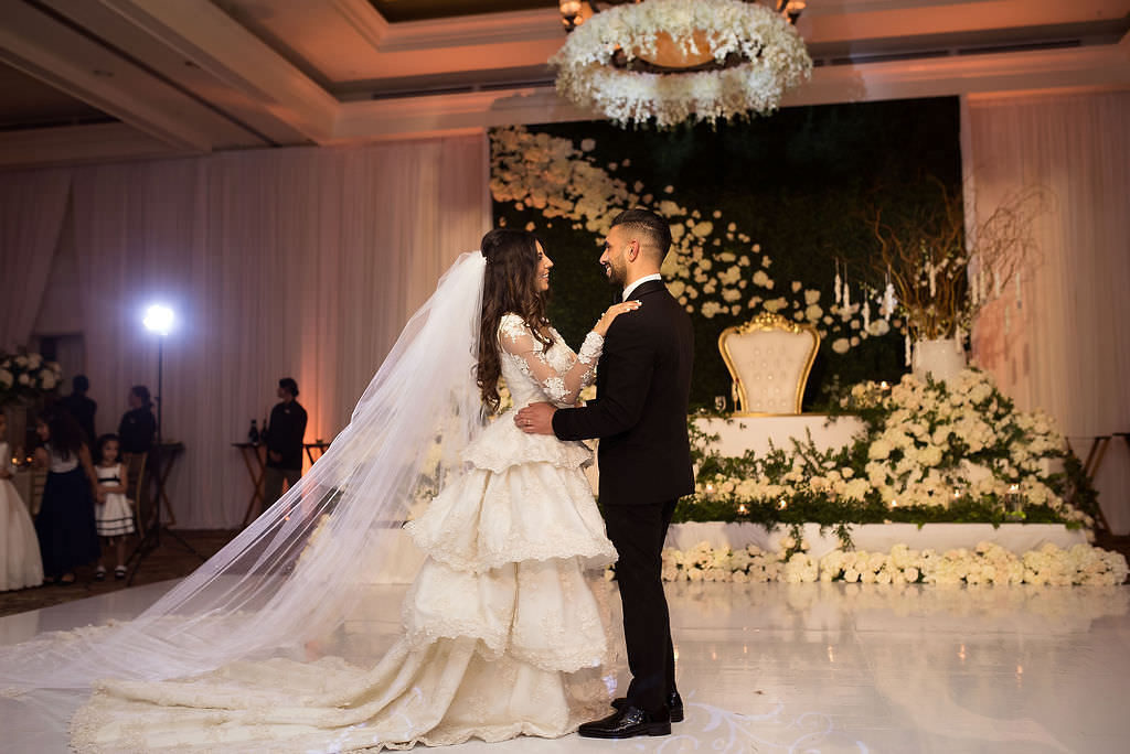 Elegant Romantic and Classic Bride and Groom First Dance Ballroom Wedding Reception Portrait | Tampa Bay Wedding Photographer Kristen Marie Photography | Clearwater Wedding Venue Sandpearl Resort