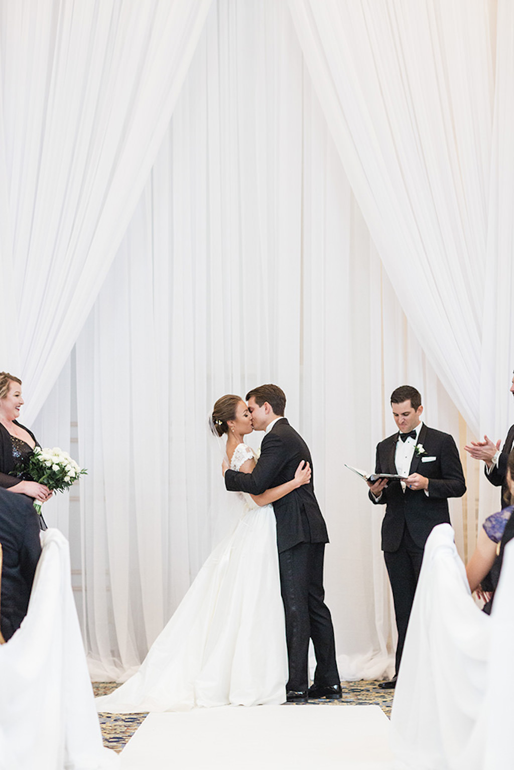 Elegant, Classic Florida Bride and Groom, Tampa Ballroom Wedding Ceremony, White Draping Backdrop