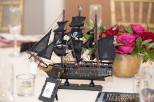 Tampa Creative Unique Wedding Decor | Clearwater Beach Wedding Reception Decor, Miniature Black Pirate Ship Centerpiece | Gasparilla Inspired Wedding