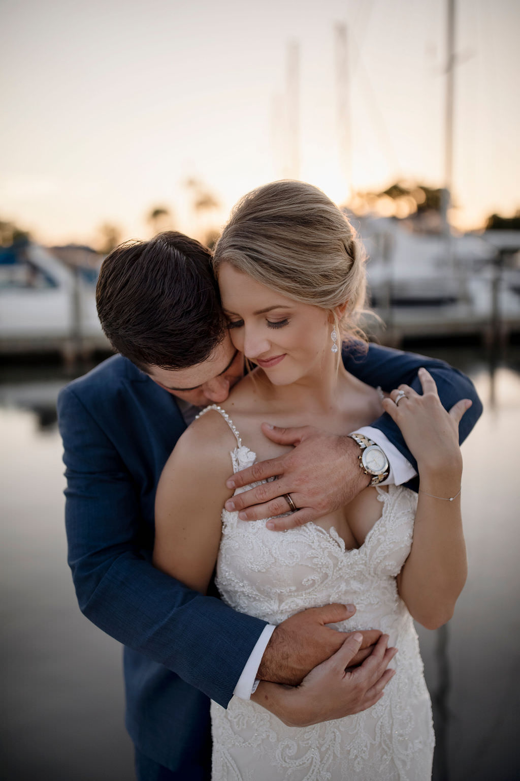 Waterfront Yacht Boat Dock Intimate Sunset Bride and Groom Wedding Portrait | Tampa Bay Wedding Venue The Resort at Longboat Key Club