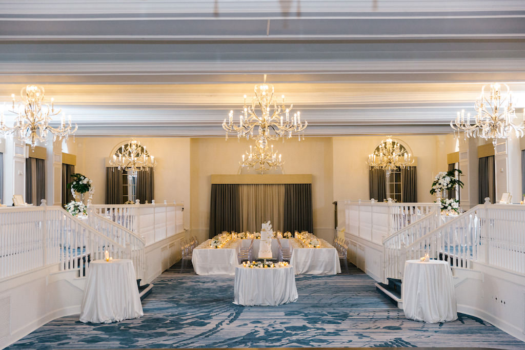Elegant Ballroom Wedding Reception Decor, Tables with White Linens | Historic Waterfront Wedding Venue The Don Cesar | Florida Wedding Planner Parties A'La Carte