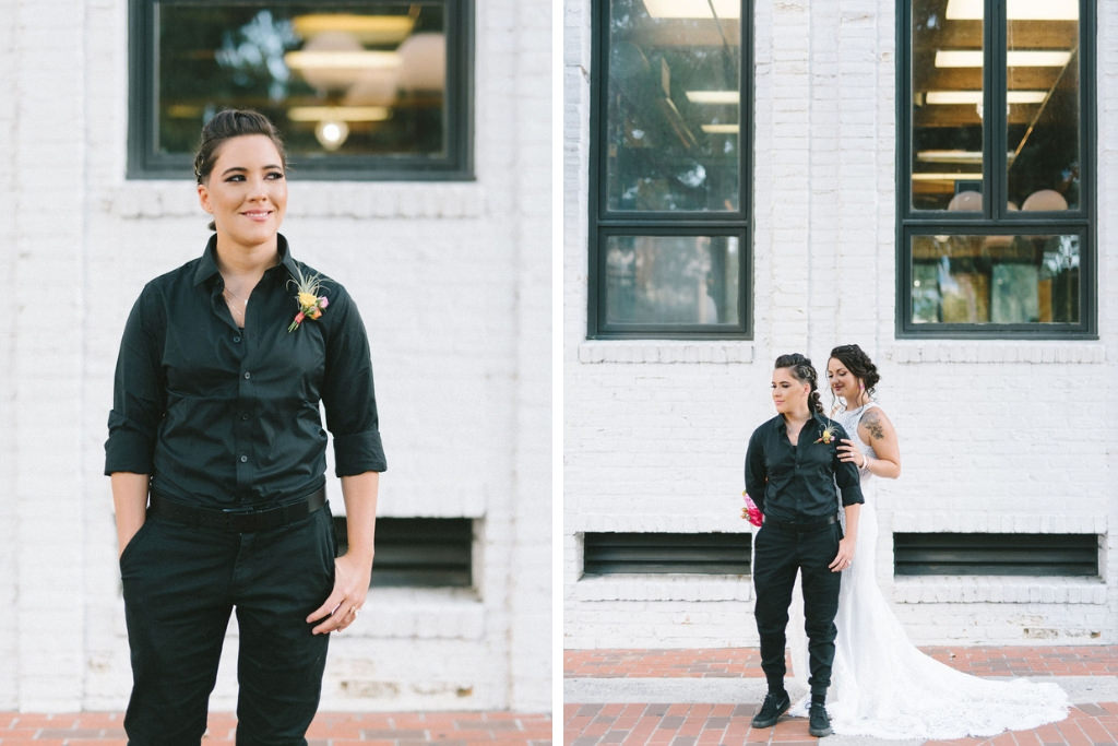 Florida Lesbian Gay Couple Outdoor Wedding Portrait, Bride in All Black Suit Shirt and Pants with Yellow Flower Boutonniere | Tampa Bay Wedding Photographer Kera Photography | Downtown St. Pete Modern Wedding Venue Red Mesa Events | Wedding Hair and Makeup Femme Akoi