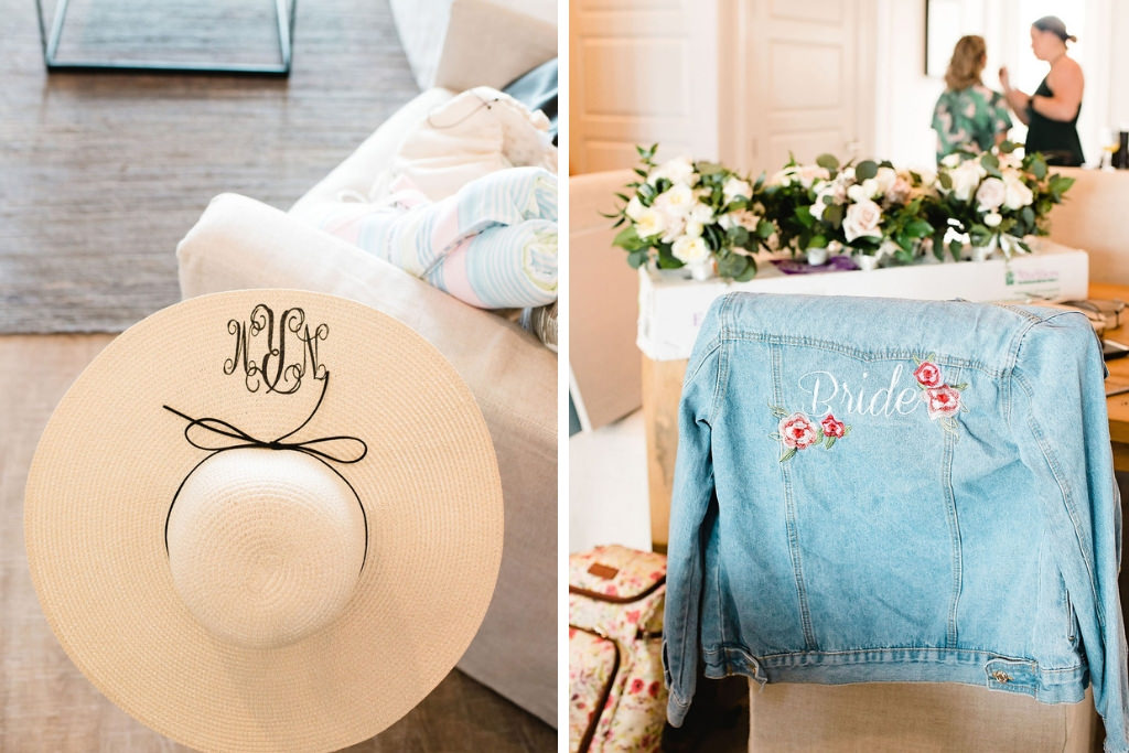 Bride Wedding Accessories | Monogram Bridal Wide-Brimmed Sun Hat | Custom Bride with Floral Detail Jean Jacket