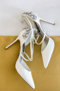 Elegant, White High Heel Pointed Toe Wedding Shoes, Rhinestone Embellishments
