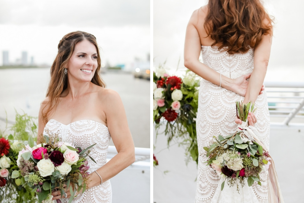 Romantic Florida Bride Wedding Portrait in Sweetheart Neckline Strapless Lace Wedding Dress Holding White Roses, Blush Pink, Burgundy and Greenery Floral Bridal Bouquet | Tampa Bay Wedding Photographer Lifelong Photography Studio