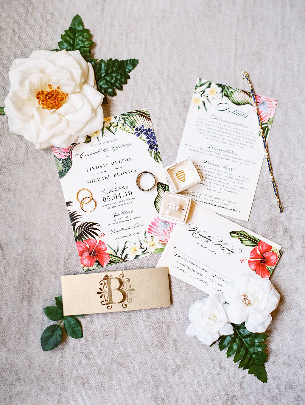 Tropical Floral Wedding Invitation Suite, Bride Engagement Ring in Velvet Ringbox Flatlay Portrait