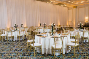 Elegant, Luxurious Gold and White Wedding Decor and Reception, Tampa Ballroom, White Draping, Gold Chiavari Chairs, Round Tables, Chargers, Tall Black Candle Centerpieces | Tampa Bay Wedding Planner Coastal Coordinating | Historic Downtown Tampa Wedding Venue Hotel Floridan Palace Hotel