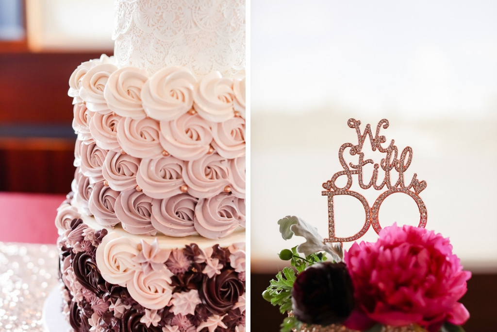 Unique Creative Three Tier White, Purple, Lilac Ombre Tier Floral Wedding Cake with Dark Purple and Pink Real Flowers and Custom Rhinestone Laser Cut Cake Topper | Tampa Bay Wedding Photographer Lifelong Photography Studio | Tampa Bay Wedding Baker The Artistic Whisk