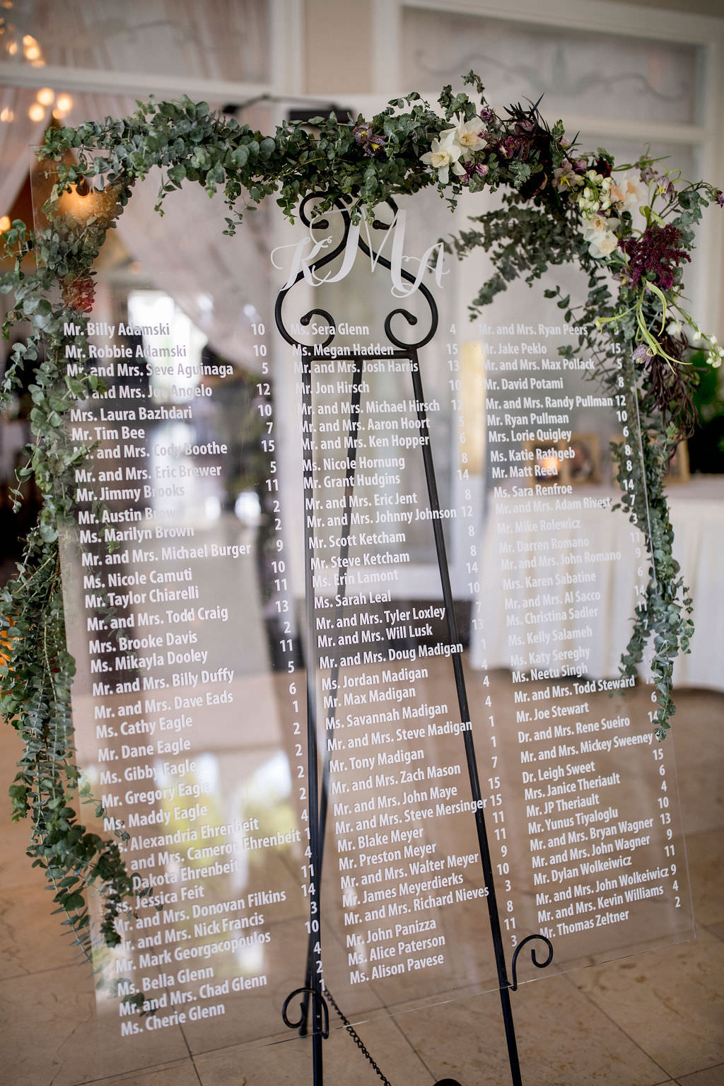 Classic Romantic Wedding Reception Decor, Clear Acrylic Wedding Seating Chart with Greenery Garland and Ivory, Purple Plum Floral Arrangement