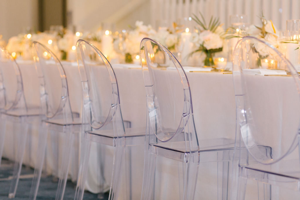Elegant Modern Wedding Reception Decor, Clear Acrylic Ghost Chairs | Tampa Bay Wedding Rentals Kate Ryan Event Rentals | Wedding Planner Parties A'La Carte