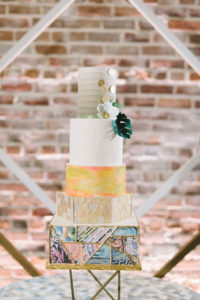 Unique Modern Five Tier Wedding Cake with St. Pete Mural Bottom Tier, Geometric Gold Tier, Bright Pink and Yellow Tier, White Tier and White and Ombre Taupe Top Tier Wedding Cake | Tampa Bay Wedding Photographer Kera Photography | St. Pete Wedding Baker The Artistic Whisk