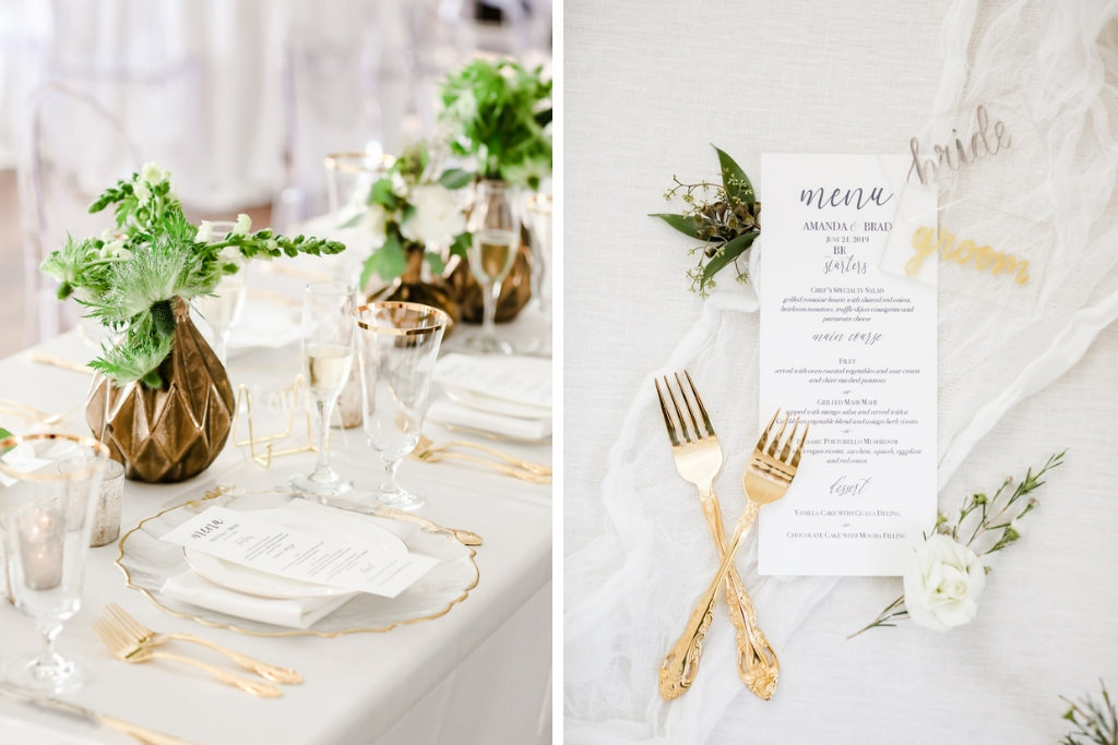 Classic Neutral Wedding Reception Decor, Long Feasting Table with White Linen, Clear Glass and Gold Rimmed Charger, Gold Silverware, Low Gold Vase with Greenery and Ivory Floral Centerpieces, Gold Mercury Candles, White with Grey Font Menu, Bride and Groom Acrylic Placecards | Tampa Bay Wedding Photographer Lifelong Photography Studio | Wedding Rentals Kate Ryan Event Rentals