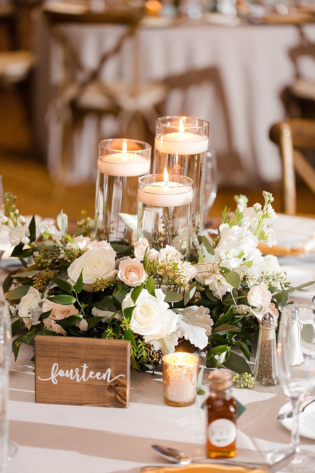 Rustic Elegant Wedding Reception Decor, White, Blush Pink, Ivory and Greenery Centerpiece with Tall Glass Cylinder Floating Candles and Wooden Table Number Sign
