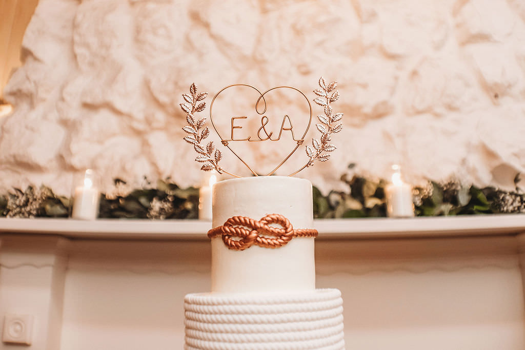 Modern Nautical Ivory Wedding Cake with Nautical Rope Detail and Initial Monogram Metal Cake Topper | Clearwater Beach Wedding Cake Designer The Artistic Whisk