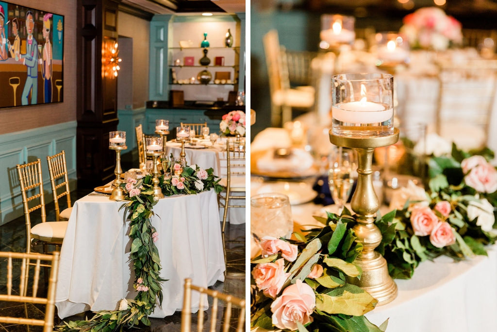 Elegant Tampa Bay Wedding Reception Decor, Sweetheart Table with White Linen, Greenery Garland and White Florals, Pink and Blush Pink Floral Arrangement and Gold Candlesticks, Gold Chiavari Chairs | Fred's Cellar at The Vinoy