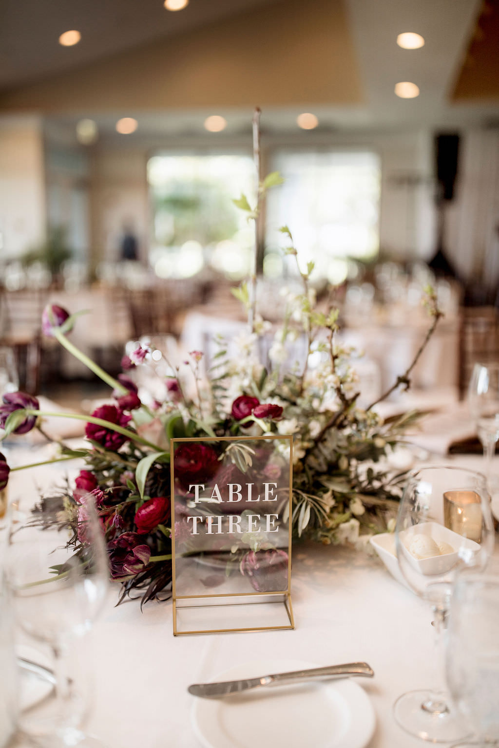 Elegant Classic Wedding Reception Decor, Clear Glass and Gold Stand Table Number, Greenery, Plum, Dark Red Ivory Floral Centerpiece
