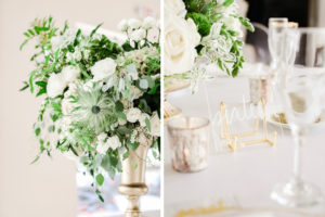 Classic Neutral Wedding Reception Decor, Greenery, Ivory Floral Arrangement Centerpiece, Clear Acrylic and White Script Font Table Number on Gold Holder | Tampa Bay Wedding Photographer Lifelong Photography Studio | Wedding Rentals Kate Ryan Event Rentals