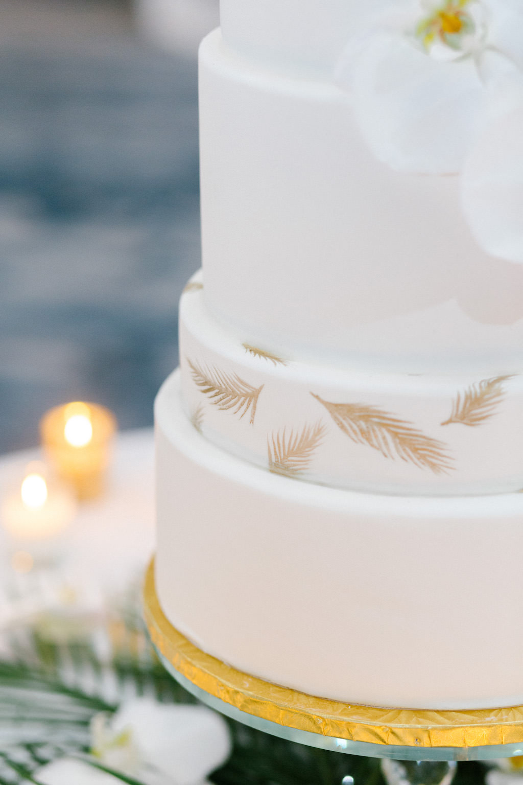 Elegant Modern Classic Wedding Cake White and Gold Foil Stamped Palm Leaf Detailing on White Wedding Cake | Tampa Bay Wedding Baker The Artistic Whisk