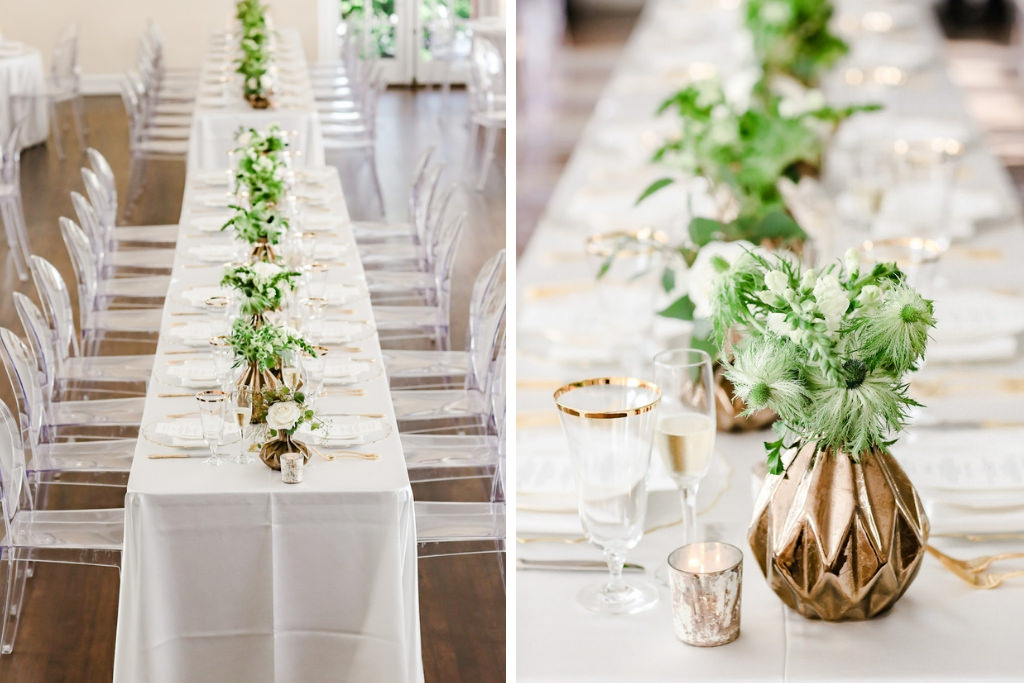 Classic Neutral Wedding Reception Decor, Clear Ghost Acrylic Chairs, Long Feasting Table with White Linen, Low Gold Vases with Greenery and Ivory Floral Centerpieces, Gold Mercury Candles | Tampa Bay Wedding Photographer Lifelong Photography Studio | Wedding Rentals Kate Ryan Event Rentals