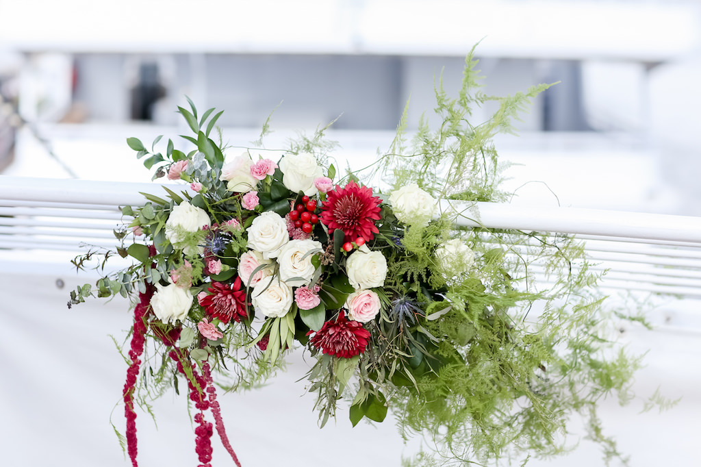 French Country Inspired Floral Arrangement, White and Blush Pink Roses, Red and Greenery Flowers and Red Hanging Amaranthus | Tampa Bay Wedding Photographer Lifelong Photography Studio