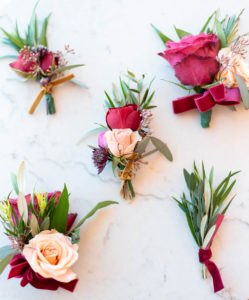 Colorful Red and Blush Pink Rose, Velvet Red Ribbon and Greenery Floral Groom Boutonniere