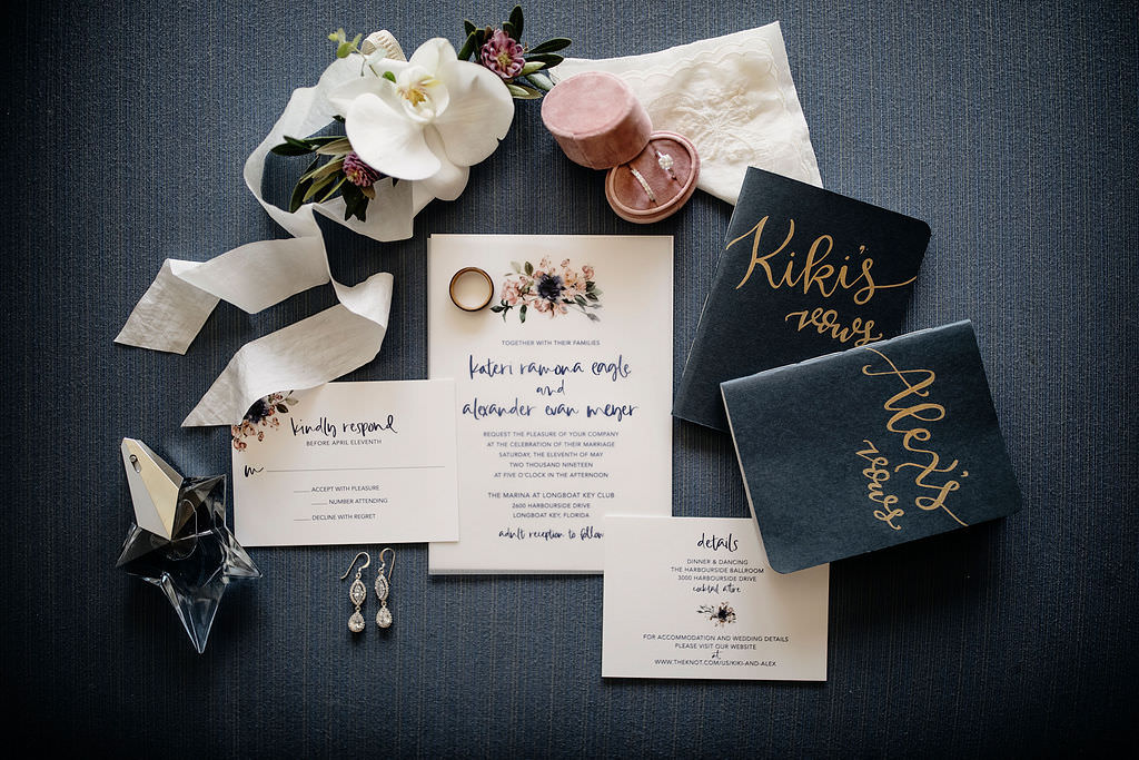 Classic Floral White and Navy Blue Wedding Invitation Suite | Bride and Groom Navy Blue and Gold Wedding Vows Books, Blush Pink Velvet Ring Box with Bride Engagement Ring and Wedding Band, Bride Wedding Accessories