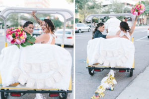 Just Married Outdoor Florida Lesbian Gay Wedding Portrait on St. Pete Pedicab with Colorful Pink, Yellow and Purple Flower Bridal Bouquet | Tampa Bay Wedding Photographer Kera Photography