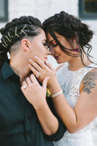 Romantic Intimate Lesbian Gay Bridal Wedding Portrait, Brides with Braided Updo Hairstyle | Tampa Bay Wedding Photographer Kera Photography | St. Petersburg Wedding Hair and Makeup Femme Akoi | Wedding Dress Shop Truly Forever Bridal