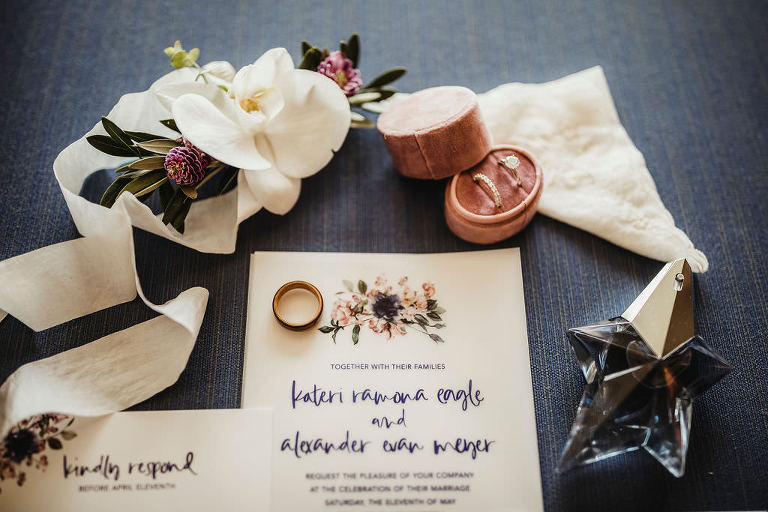 Classic Floral White and Navy Blue Wedding Invitation Suite | Bride and Groom Navy Blue and Gold Wedding Vows Books, Blush Pink Velvet Ring Box with Bride Engagement Ring and Wedding Band, Bride Wedding Accessories