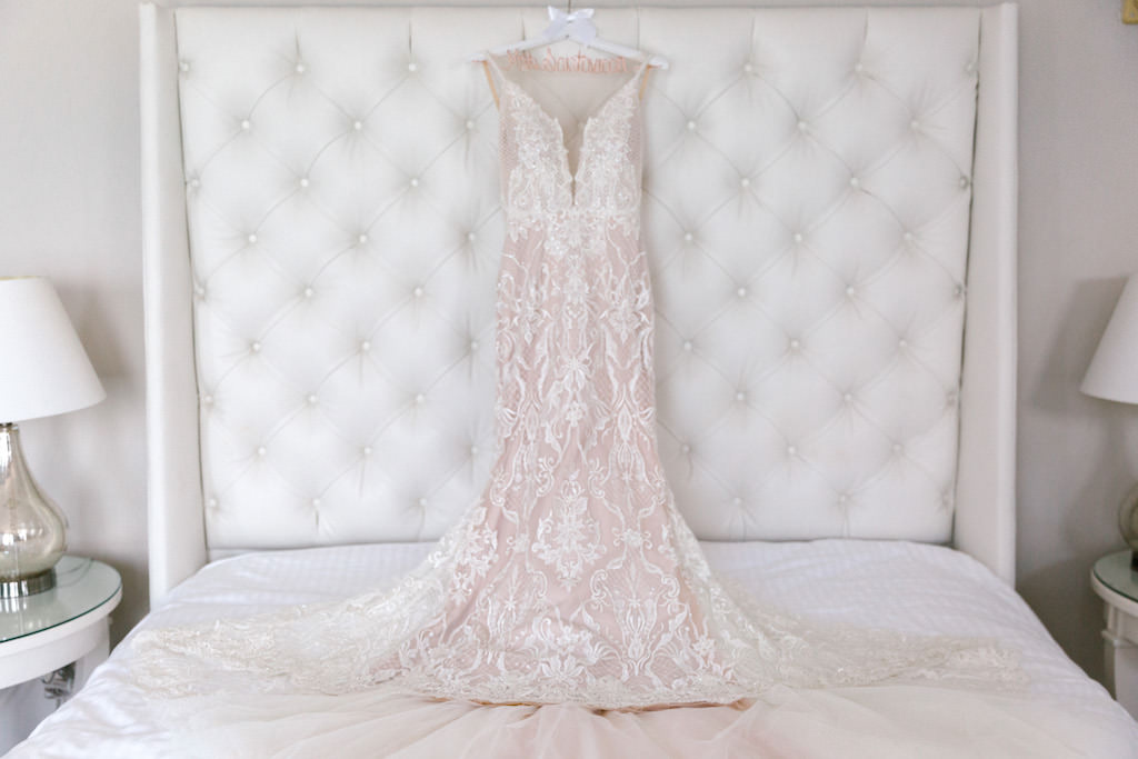 Classic Modern White Lace and Blush Pink Deep V Neckline Galia Lahav Wedding Dress