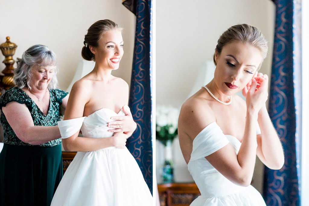 Elegant, Classic Florida Bride Getting Ready Photo with Mother, Wearing White Ballgown Style Wedding Dress by Wtoo by Watters, Style Mimi
