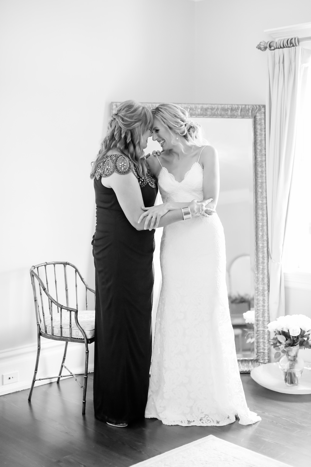 Bride and Mother Getting Ready Wedding Portrait, Bride in Fitted Lace V neckline with Spaghetti Straps Katie May Wedding Dress | Tampa Bay Wedding Photographer Lifelong Photography Studio